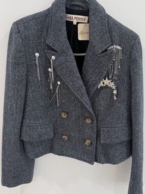 Free People Gray Herringbone Double-Breasted Wool Blend Blazer